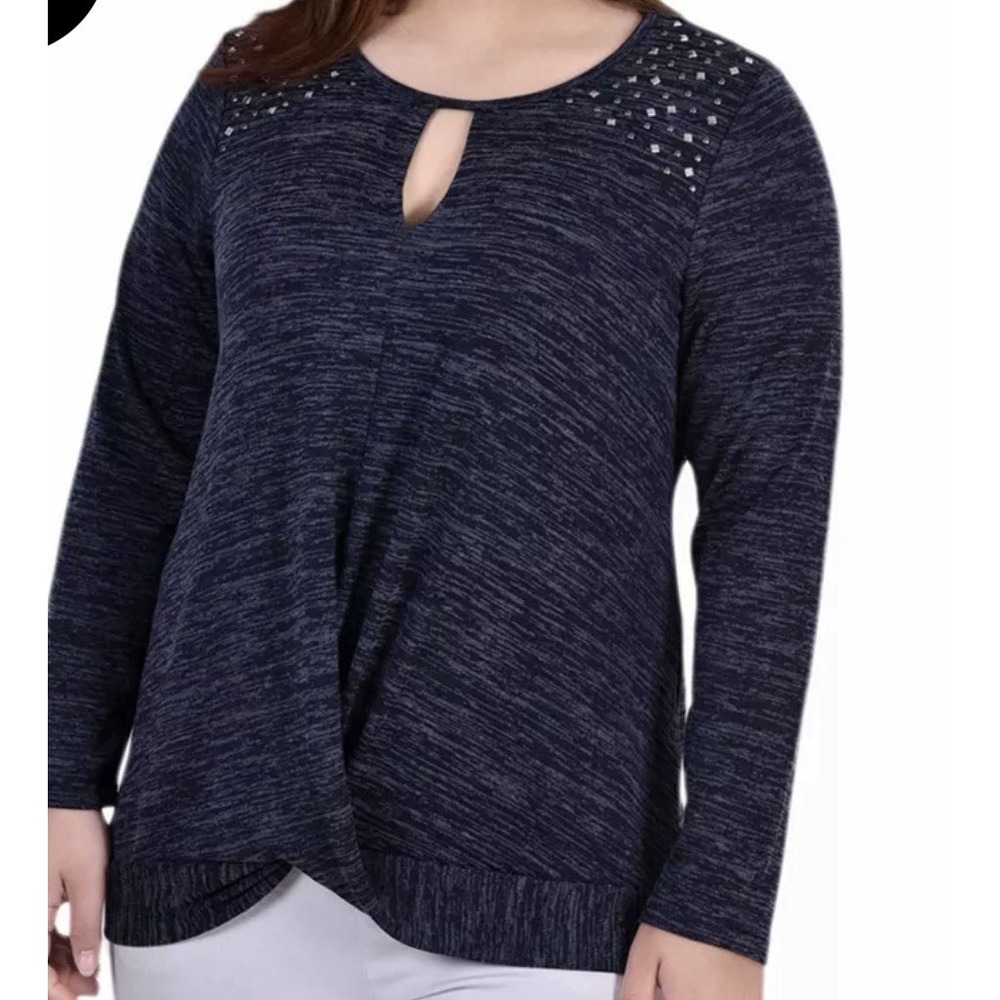 NY Collection Womens Navy Blue Heathered Keyhole Twist Front Studded Top 1X